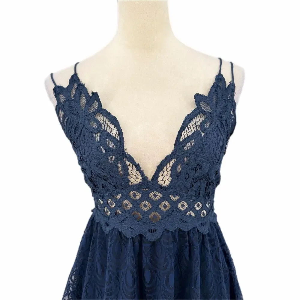 Free People FP One Adella Slip Navy Blue Lace Crochet Strappy Boho Mini Dress